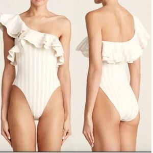 NEW WeWoreWhat Stella one piece Swim suit XS in biscuit stripe stripe pink